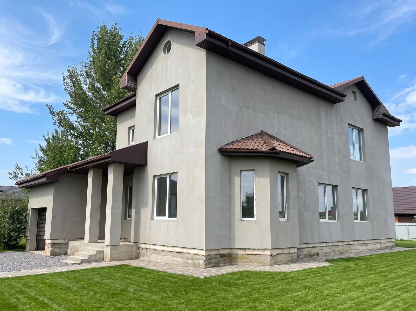 Сірий будинок з колонами, еркером і ґанком у Home Resort